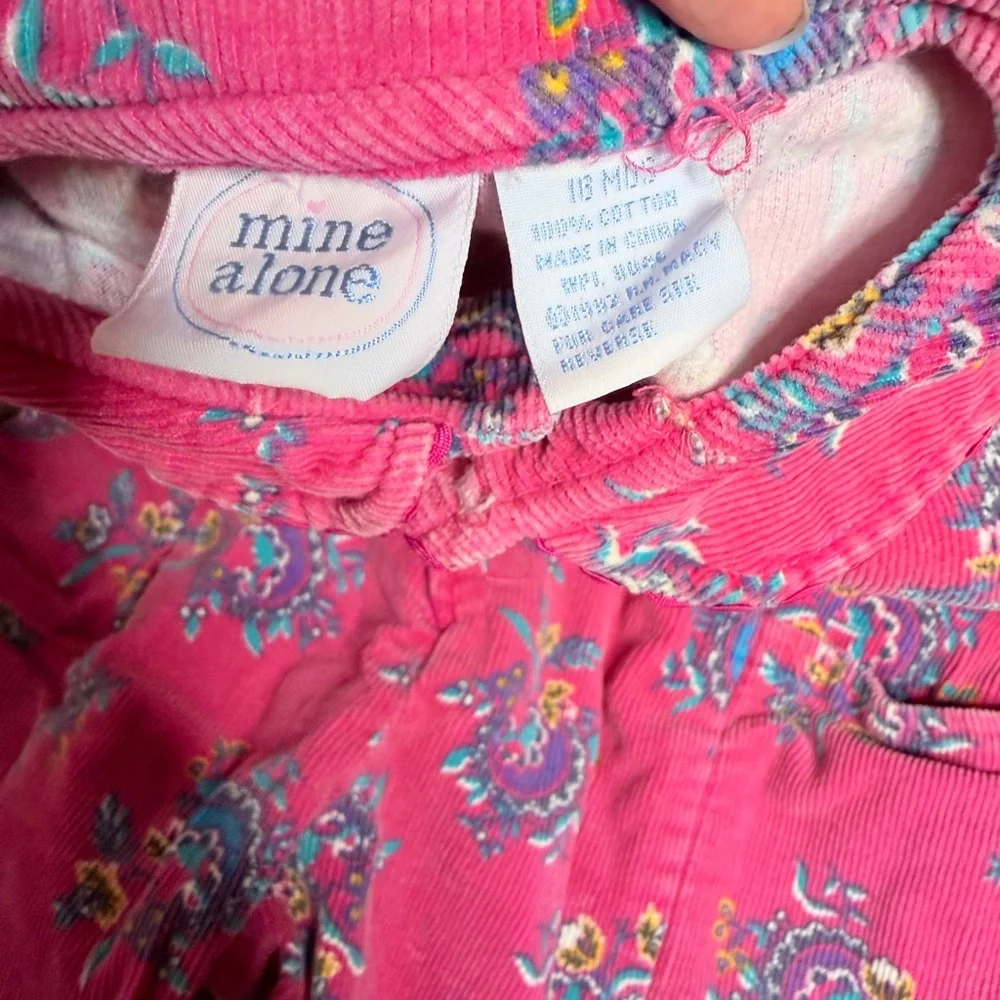 Vintage toddler 18M pink floral corduroy jumpsuit, cotton paisley.